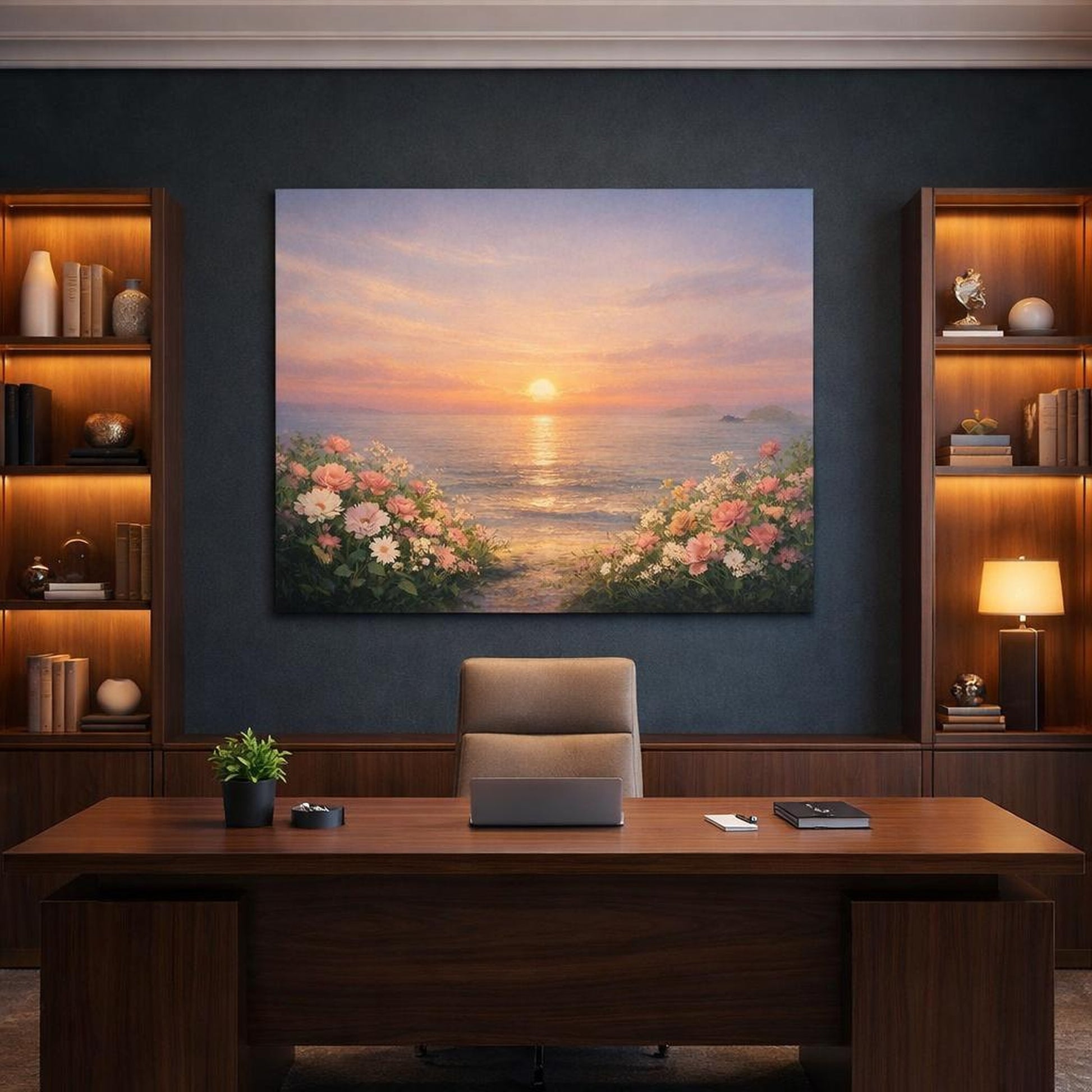 Floral Ocean Sunset shown as canvas wall art in a refined dining room