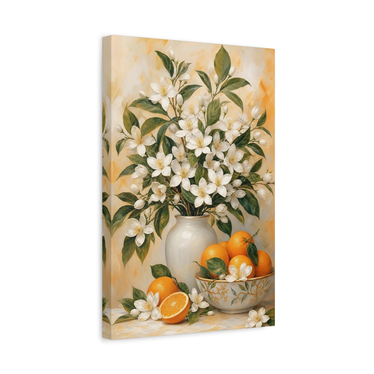 Side Mockup 4. Floral Orange Blossoms White And Orange Floral shown as canvas print