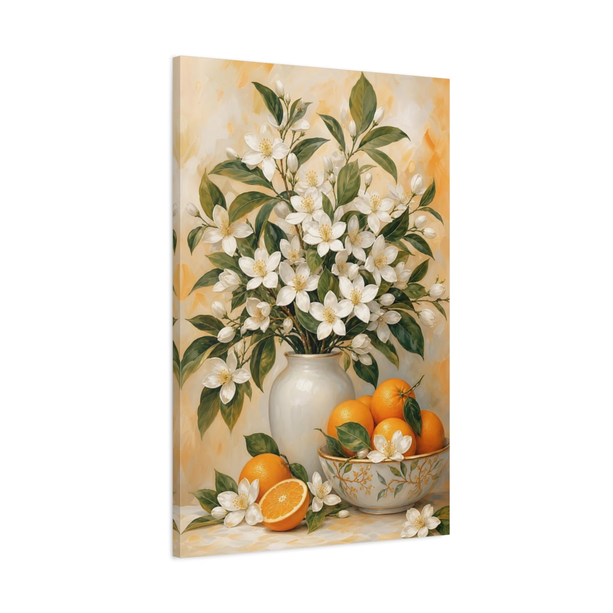 Main Mockup. Floral Orange Blossoms White And Orange Floral shown as canvas print