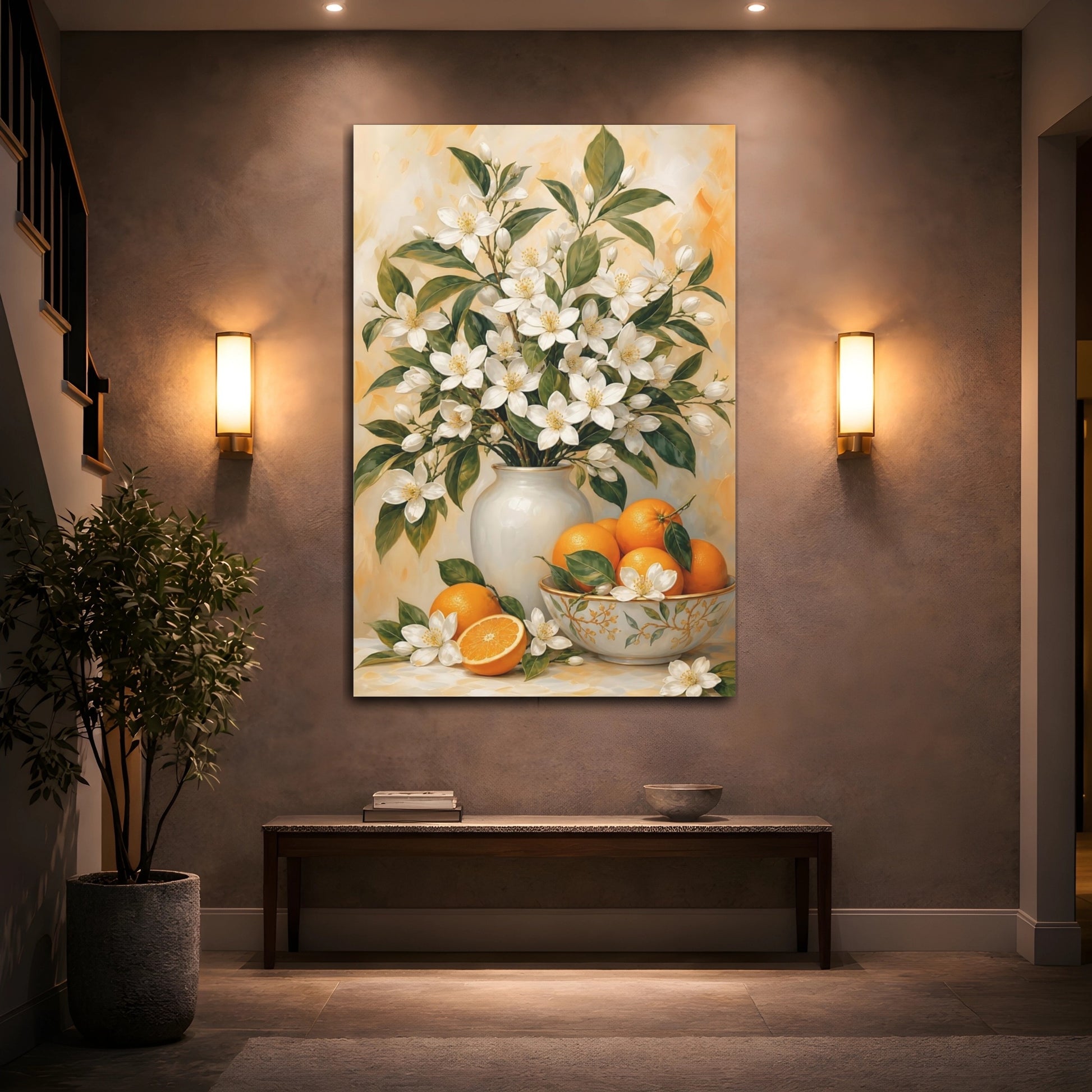 Mockup 2. Floral Orange Blossoms White And Orange Floral shown as canvas print