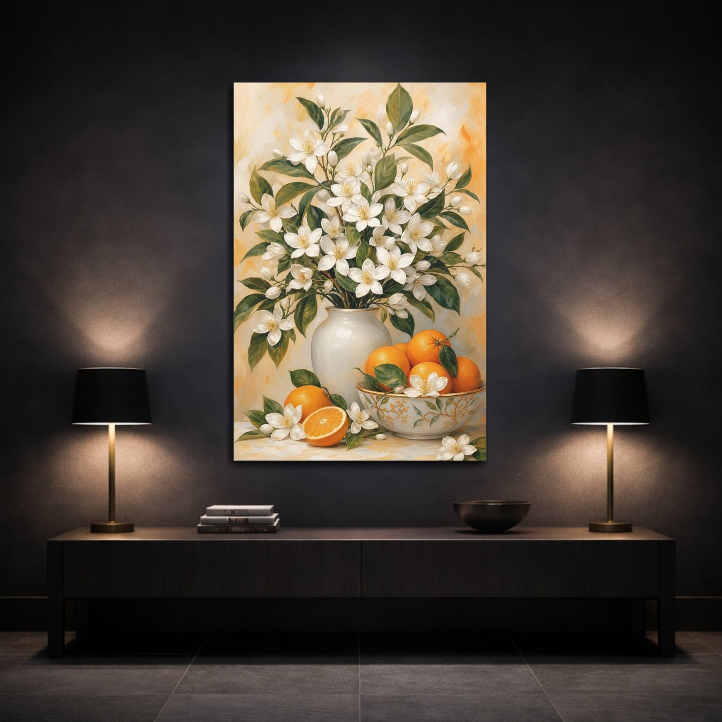 Mockup 3. Floral Orange Blossoms White And Orange Floral shown as canvas print