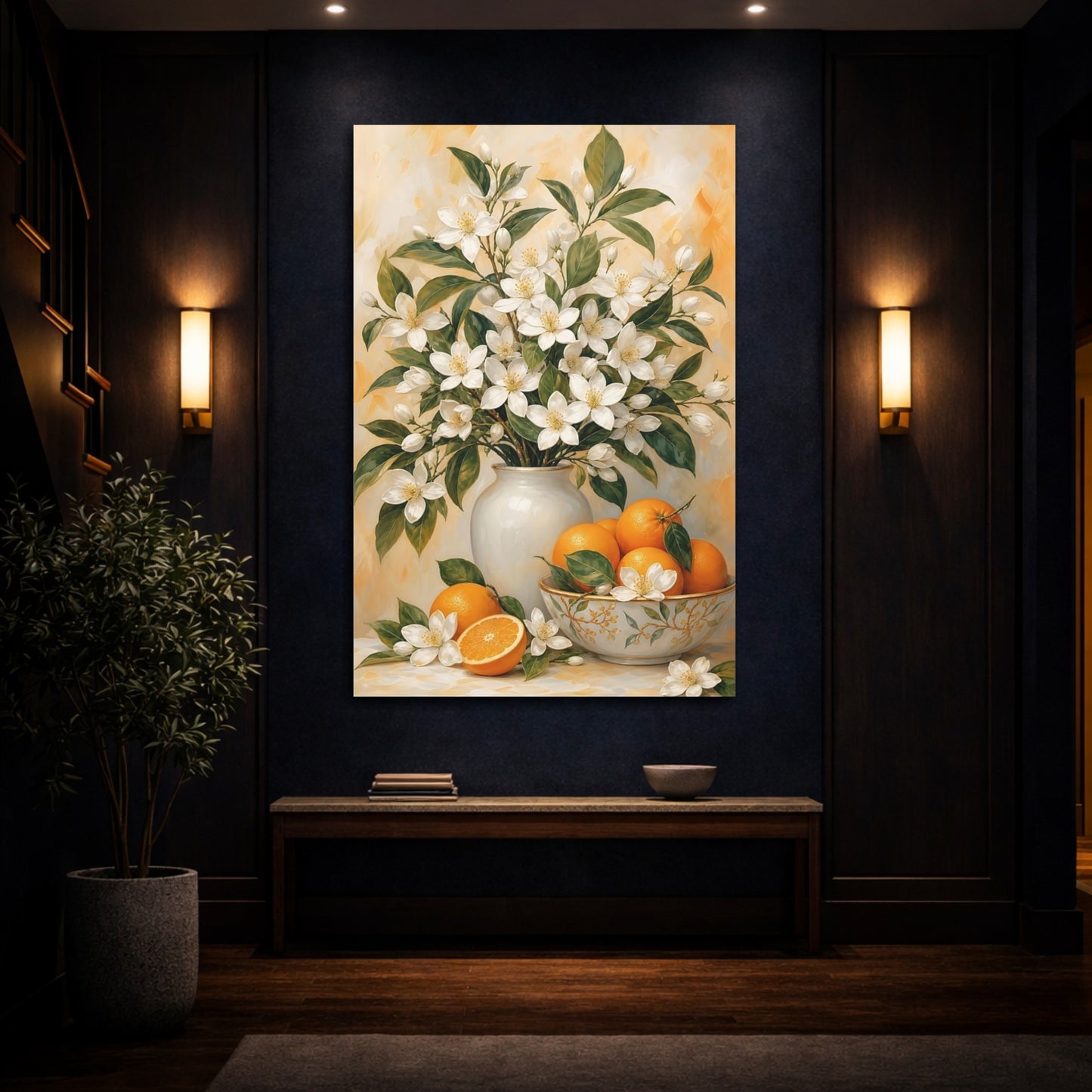 Mockup 4. Floral Orange Blossoms White And Orange Floral shown as canvas print