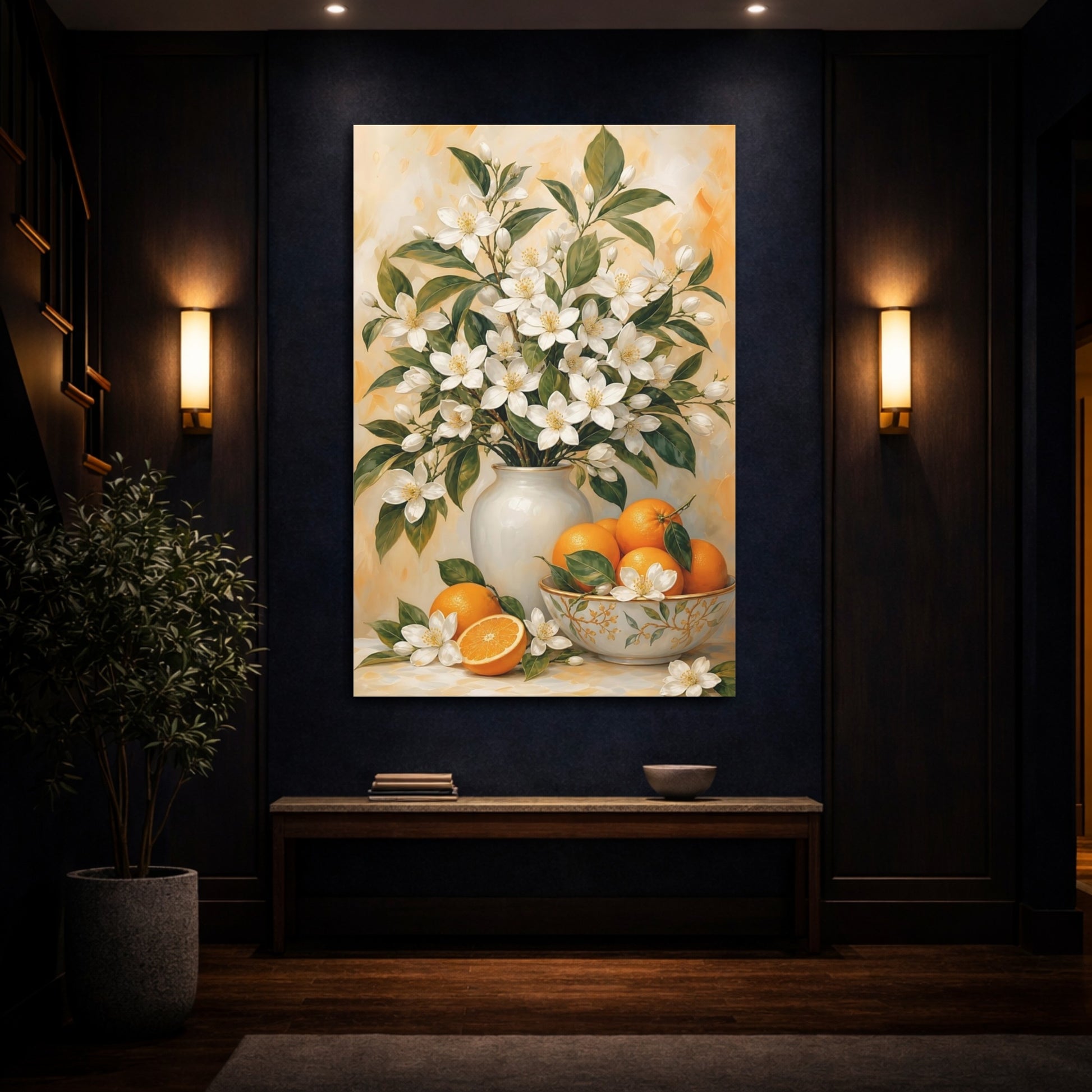 Mockup 4. Floral Orange Blossoms White And Orange Floral shown as canvas print