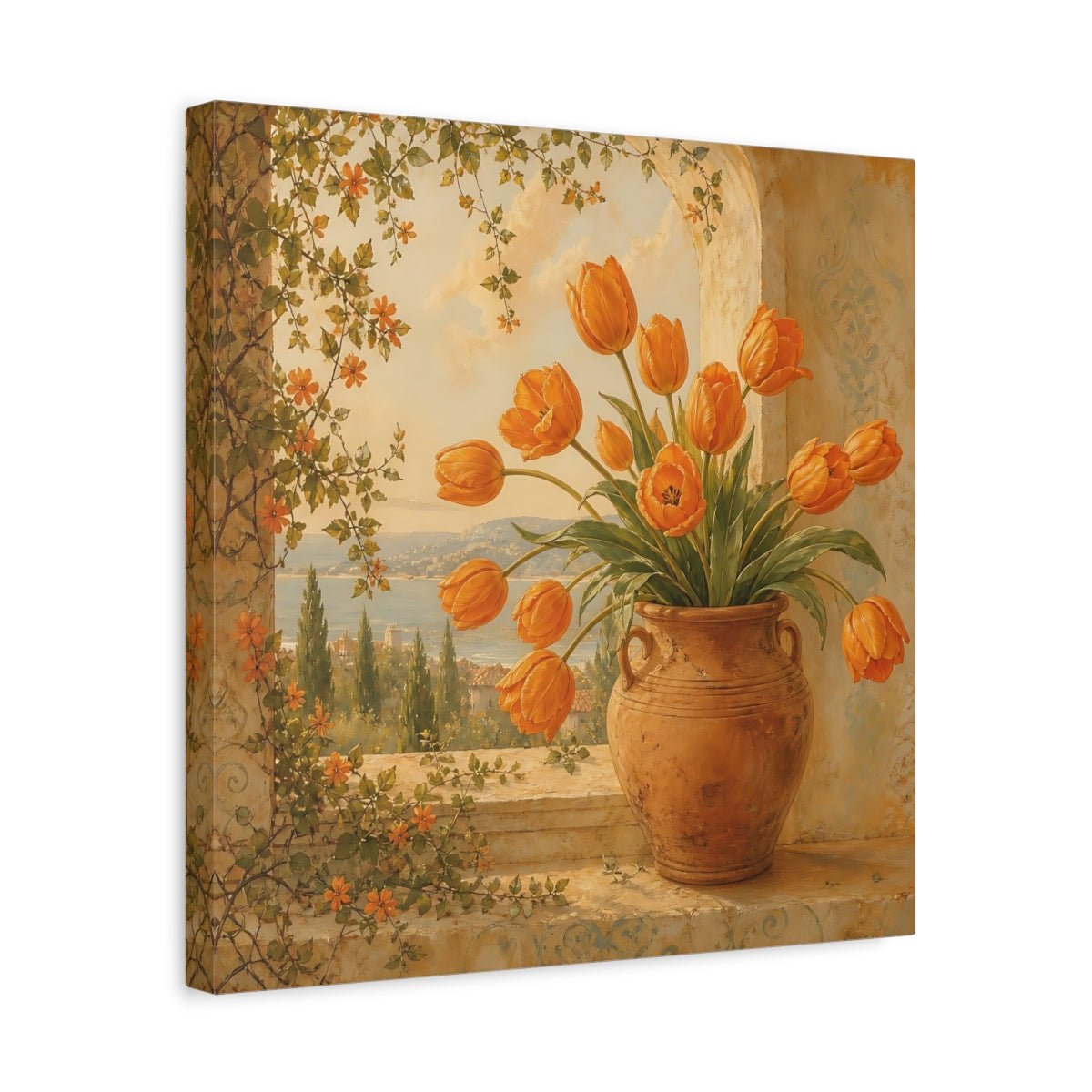 Side Mockup 6. Floral Orange Tulips Orange Floral shown as stretched canvas wall art