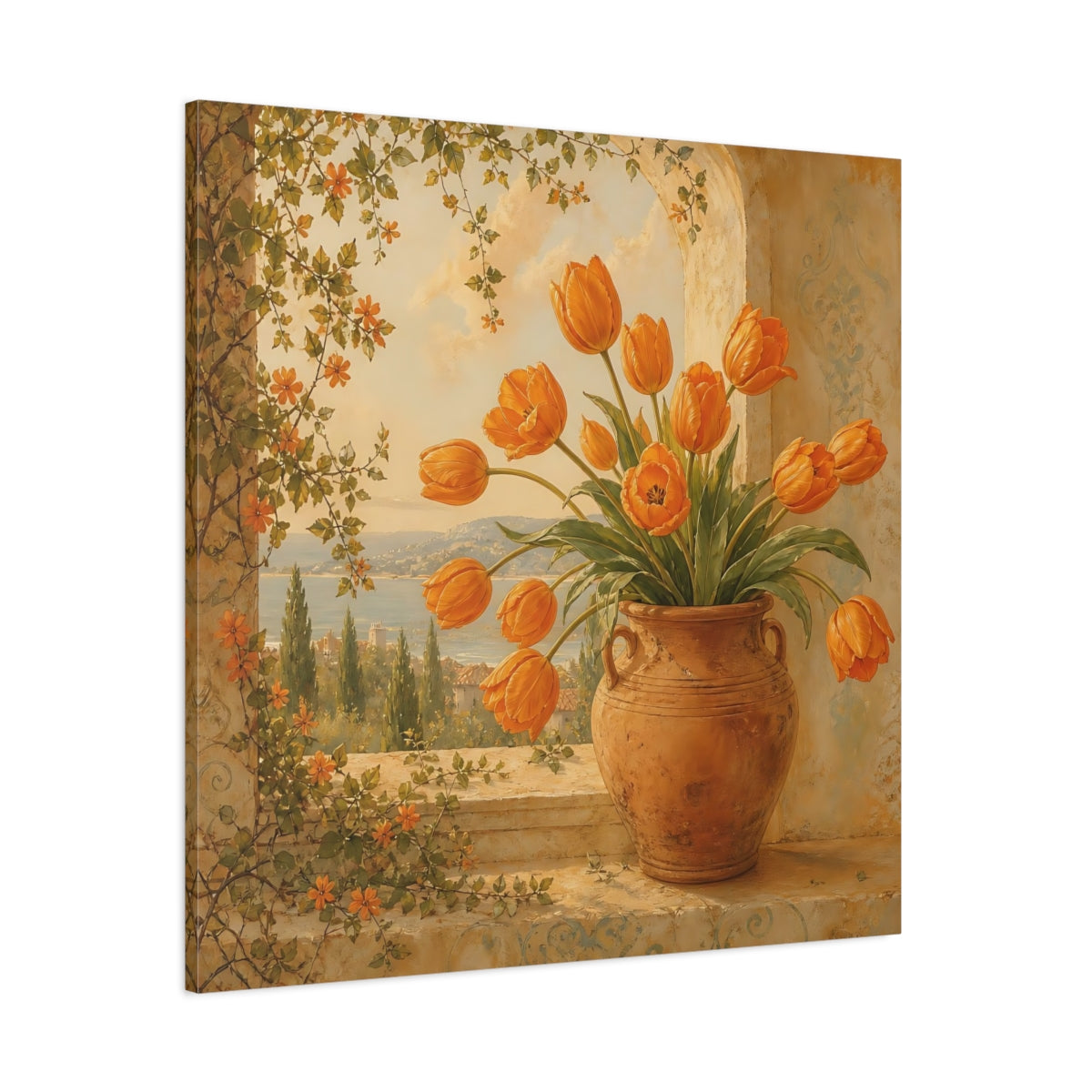 Side Mockup 1. Floral Orange Tulips Orange Floral shown as stretched canvas wall art