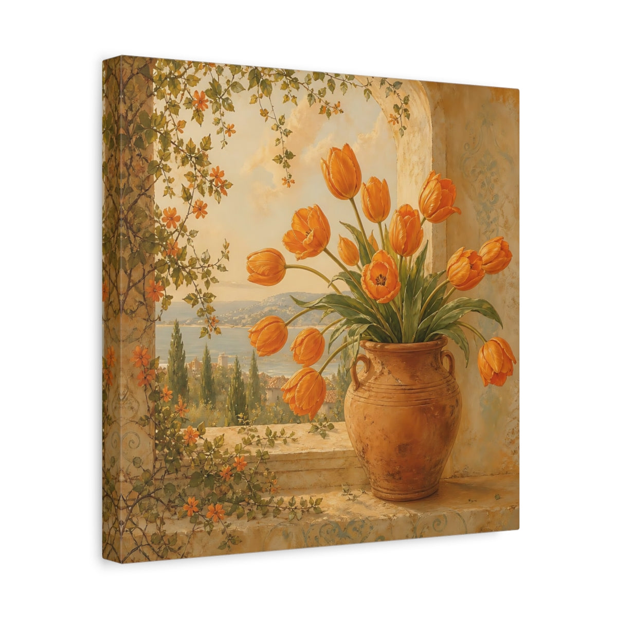 Side Mockup 7. Floral Orange Tulips Orange Floral shown as stretched canvas wall art