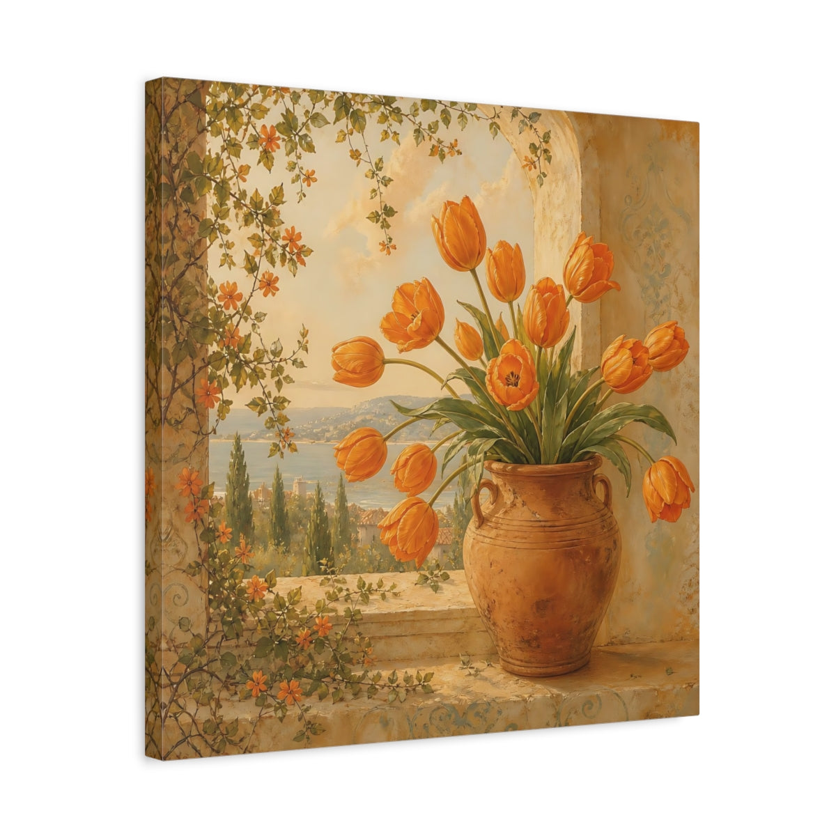 Side Mockup 5. Floral Orange Tulips Orange Floral shown as stretched canvas wall art