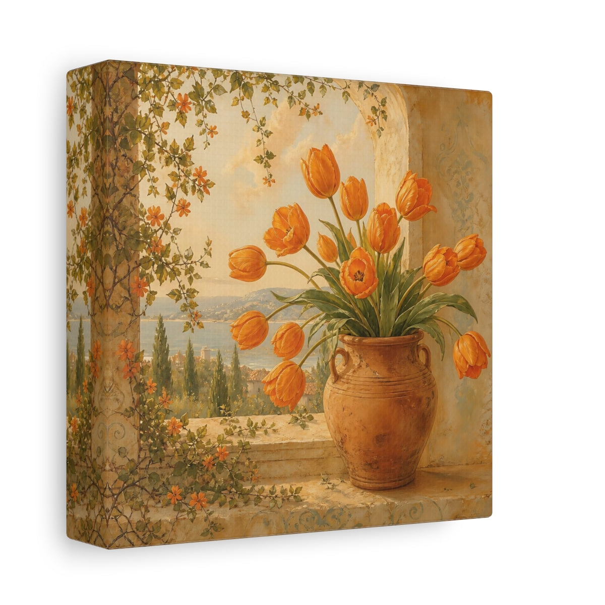 Side Mockup 2. Floral Orange Tulips Orange Floral shown as stretched canvas wall art