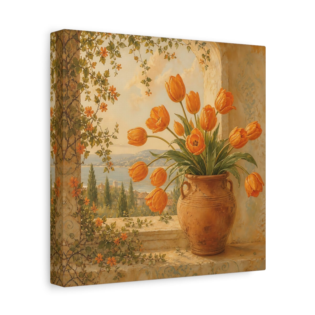 Side Mockup 9. Floral Orange Tulips Orange Floral shown as stretched canvas wall art