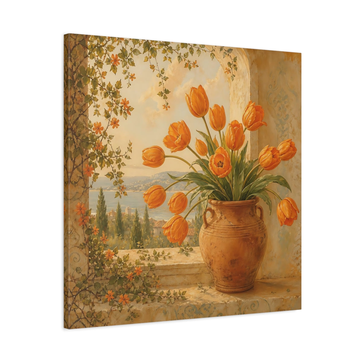 Side Mockup 3. Floral Orange Tulips Orange Floral shown as stretched canvas wall art