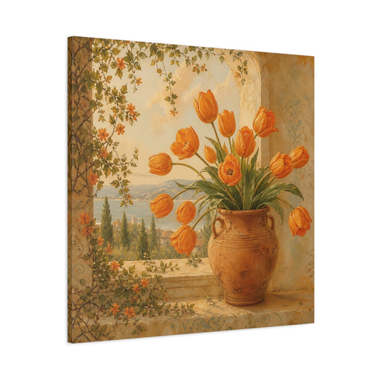 Main Mockup. Floral Orange Tulips Orange Floral shown as stretched canvas wall art
