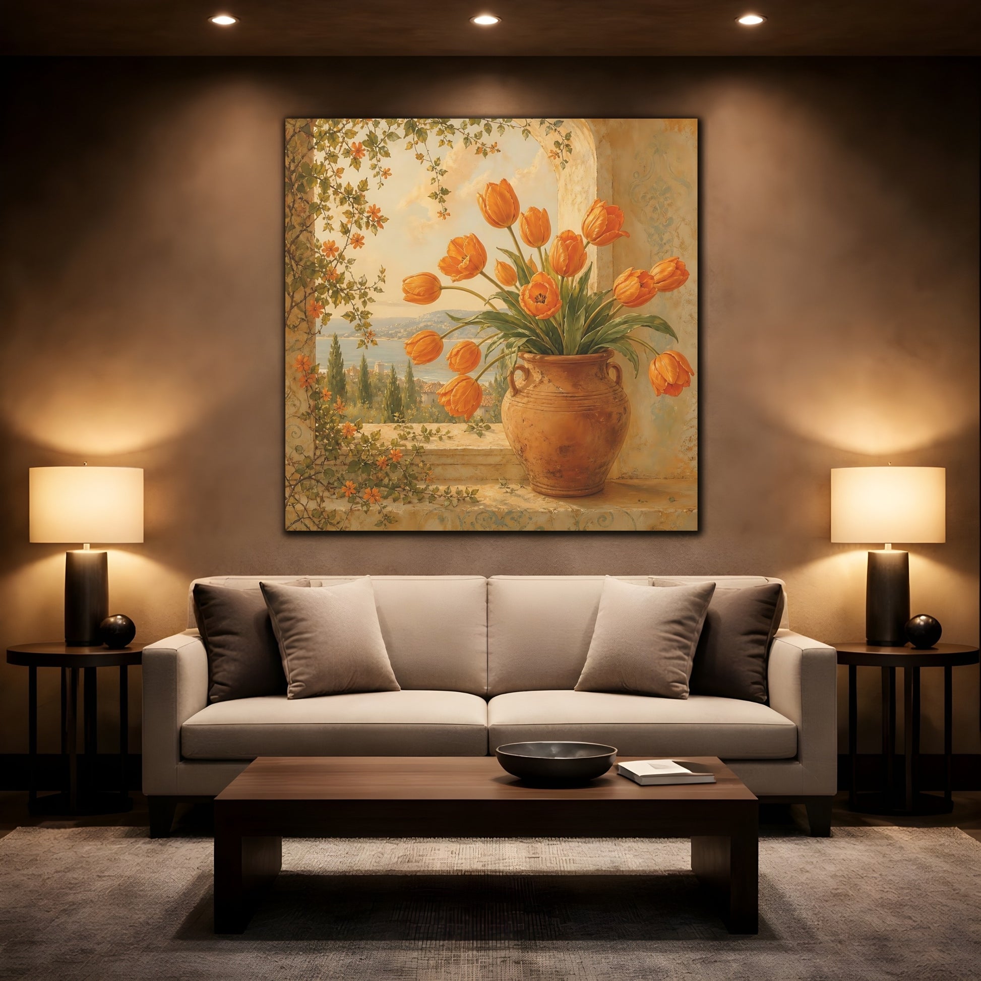 Mockup 2. Floral Orange Tulips Orange Floral shown as stretched canvas wall art
