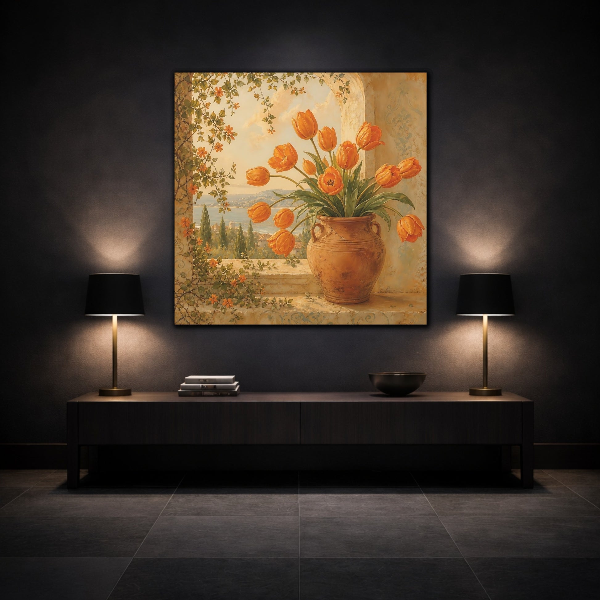Mockup 3. Floral Orange Tulips Orange Floral shown as stretched canvas wall art