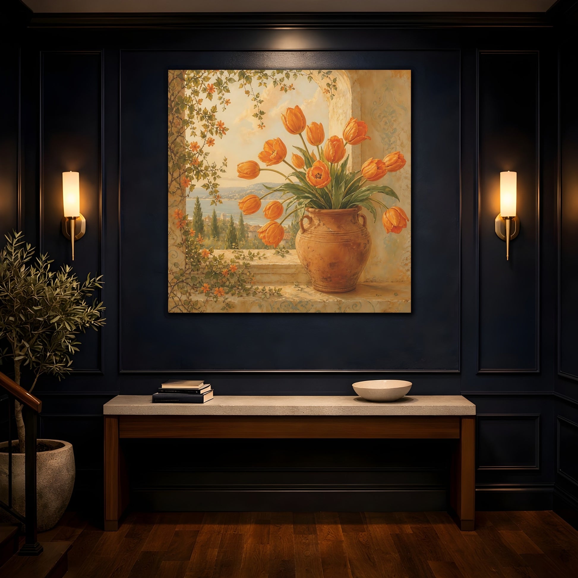 Mockup 4. Floral Orange Tulips Orange Floral shown as stretched canvas wall art