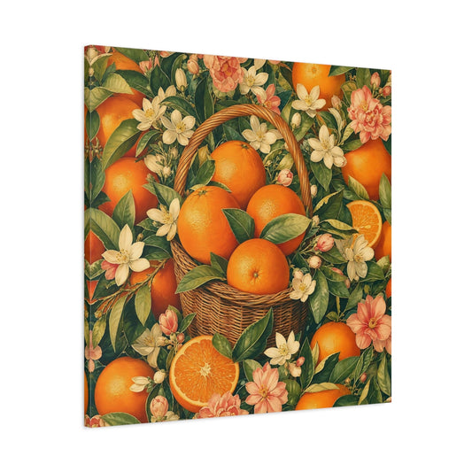 Main Mockup. Floral Oranges Orange Floral shown as stretched canvas wall art