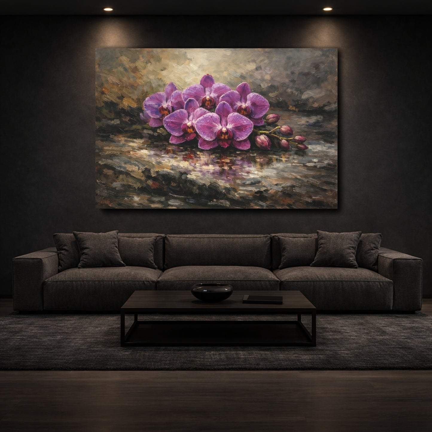 Mockup 2. Floral Orchid Flowers Purple Orchids shown as stretched canvas wall art