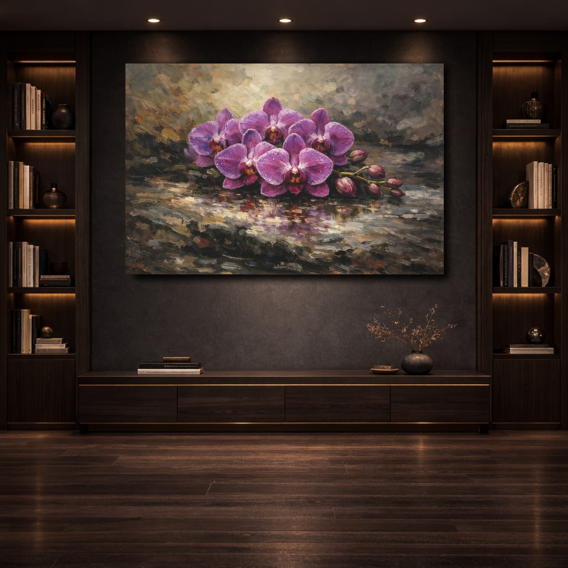 Mockup 3. Floral Orchid Flowers Purple Orchids shown as stretched canvas wall art