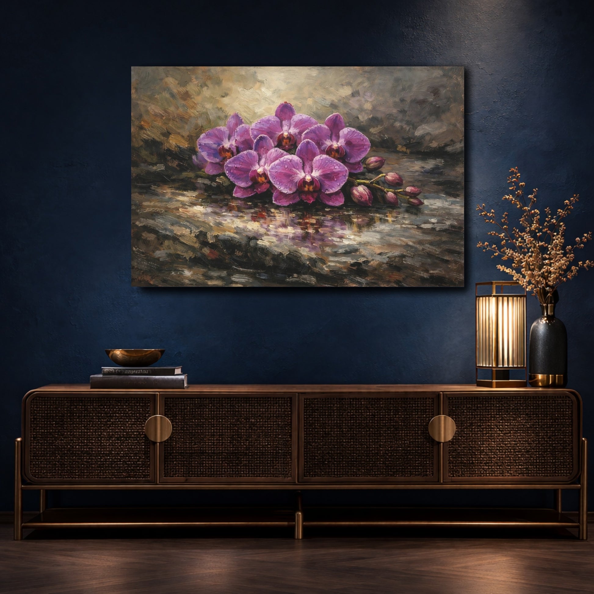 Mockup 4. Floral Orchid Flowers Purple Orchids shown as stretched canvas wall art
