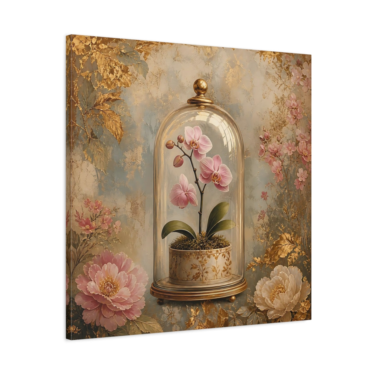 Side Mockup 3. Floral Orchid Pink Orchid Gold shown as stretched canvas wall art