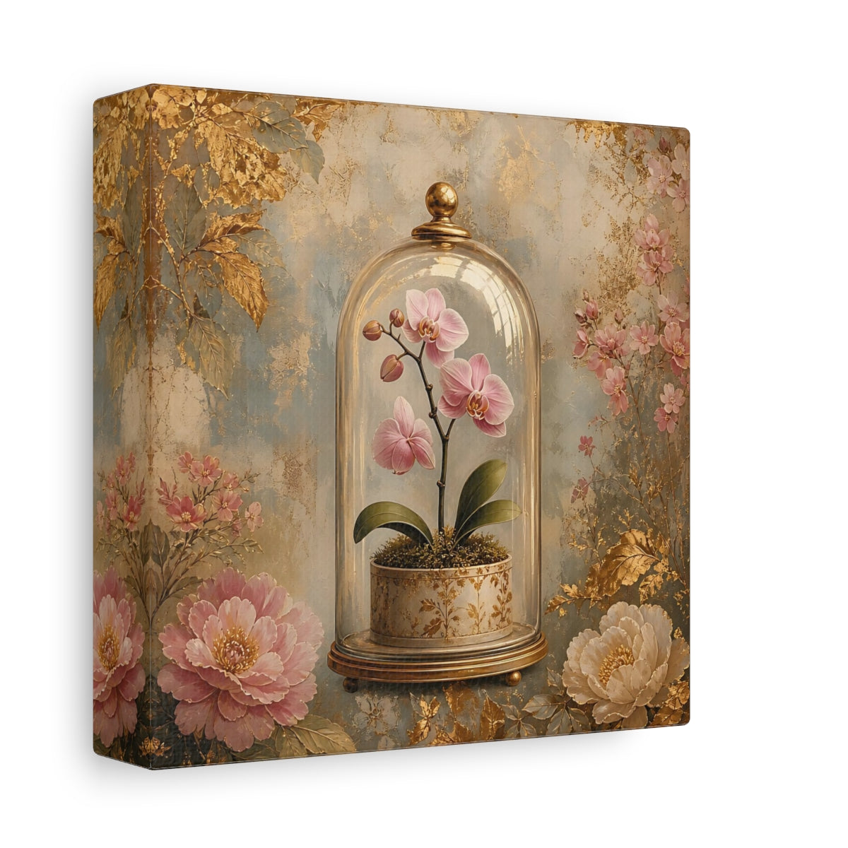 Side Mockup 2. Floral Orchid Pink Orchid Gold shown as stretched canvas wall art