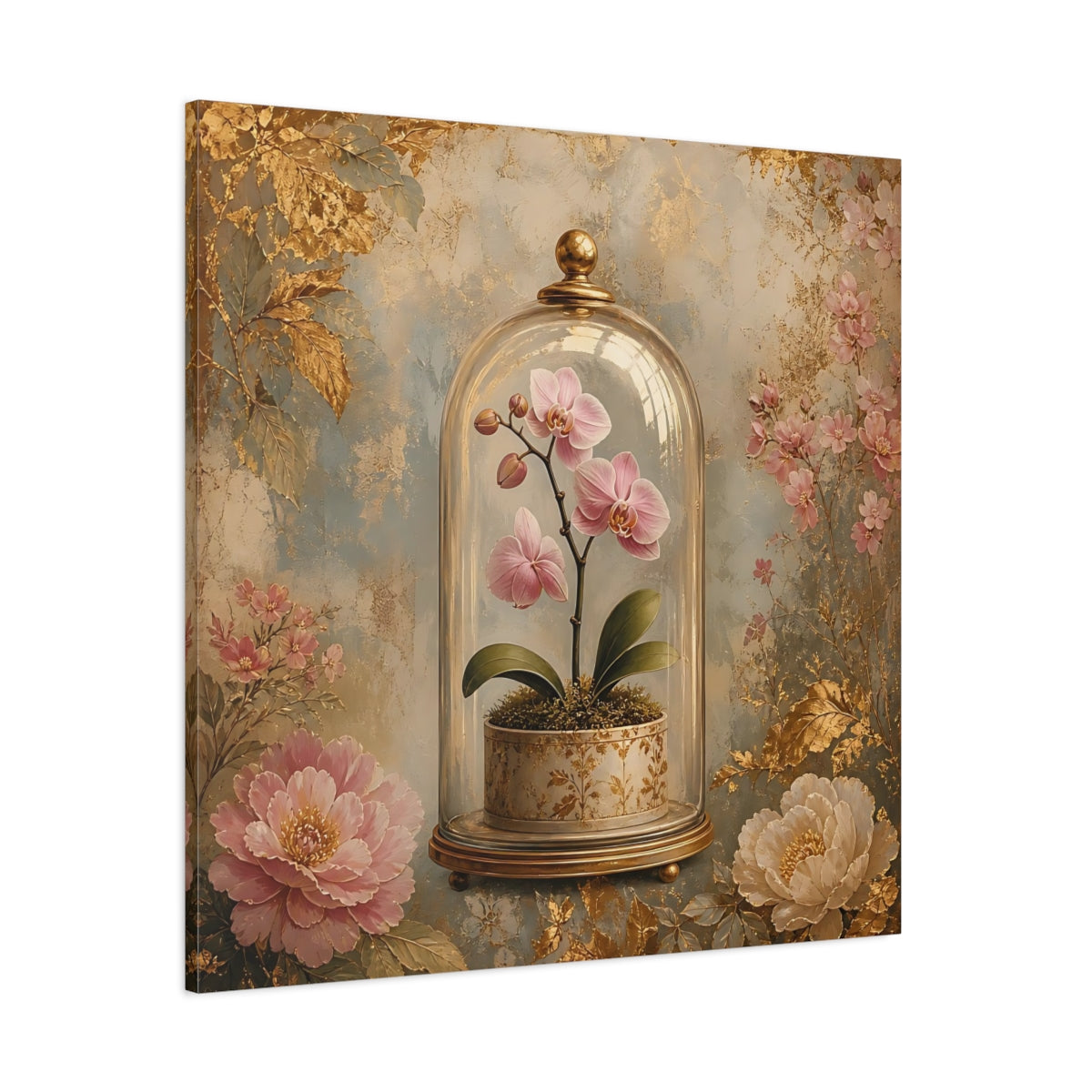 Side Mockup 1. Floral Orchid Pink Orchid Gold shown as stretched canvas wall art