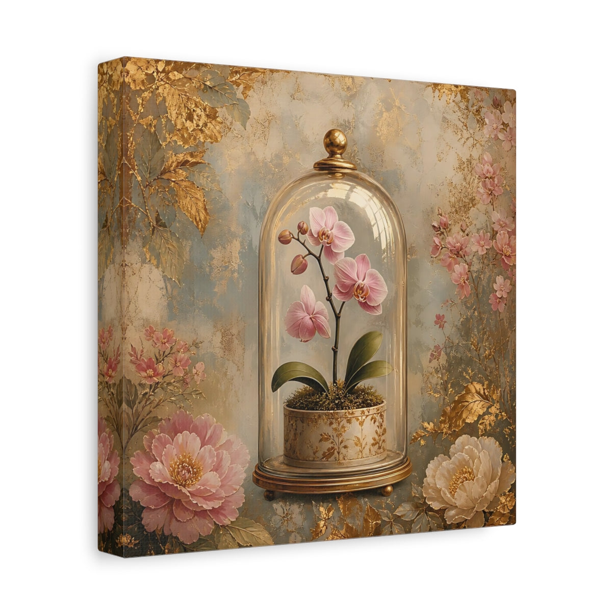 Side Mockup 9. Floral Orchid Pink Orchid Gold shown as stretched canvas wall art