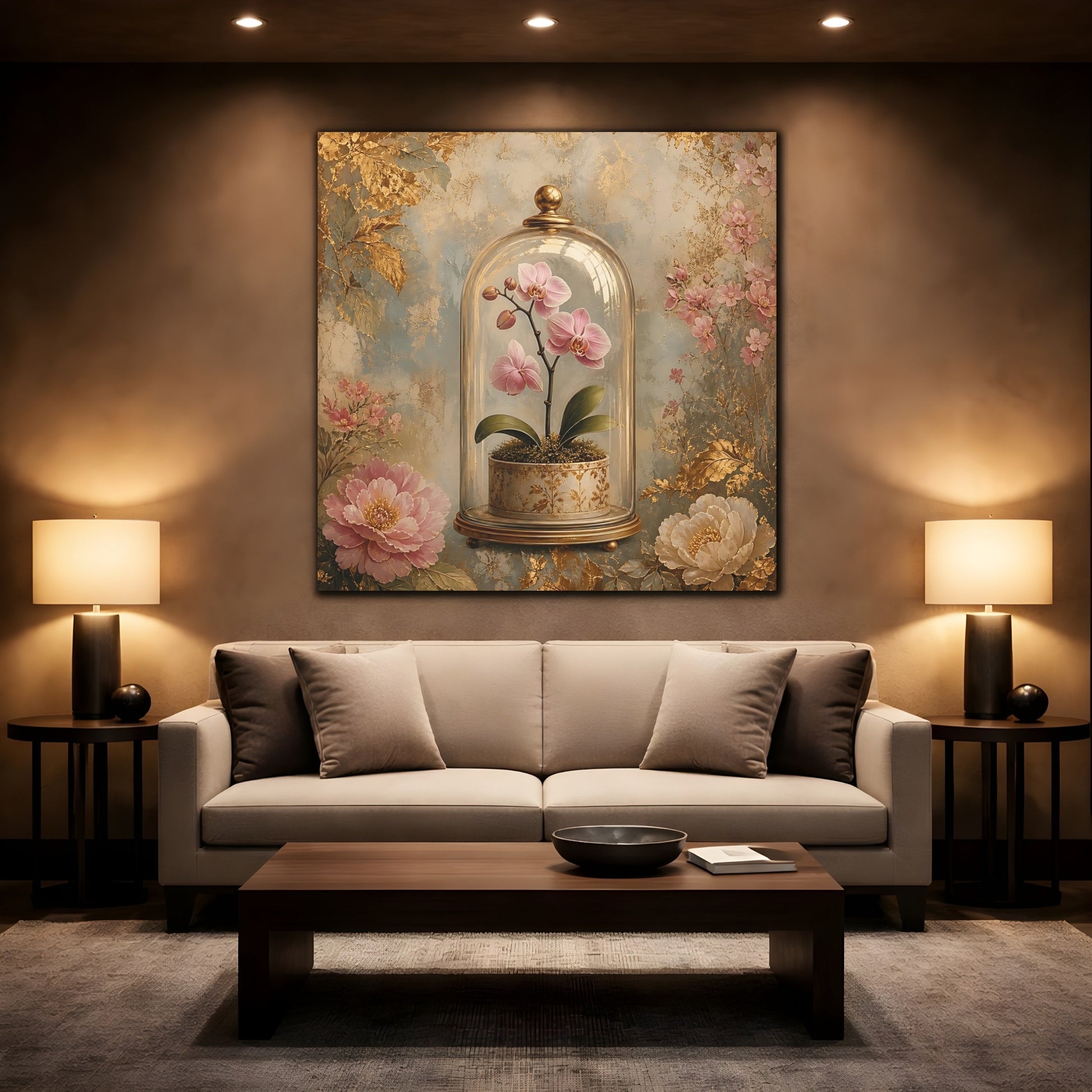 Mockup 2. Floral Orchid Pink Orchid Gold shown as stretched canvas wall art