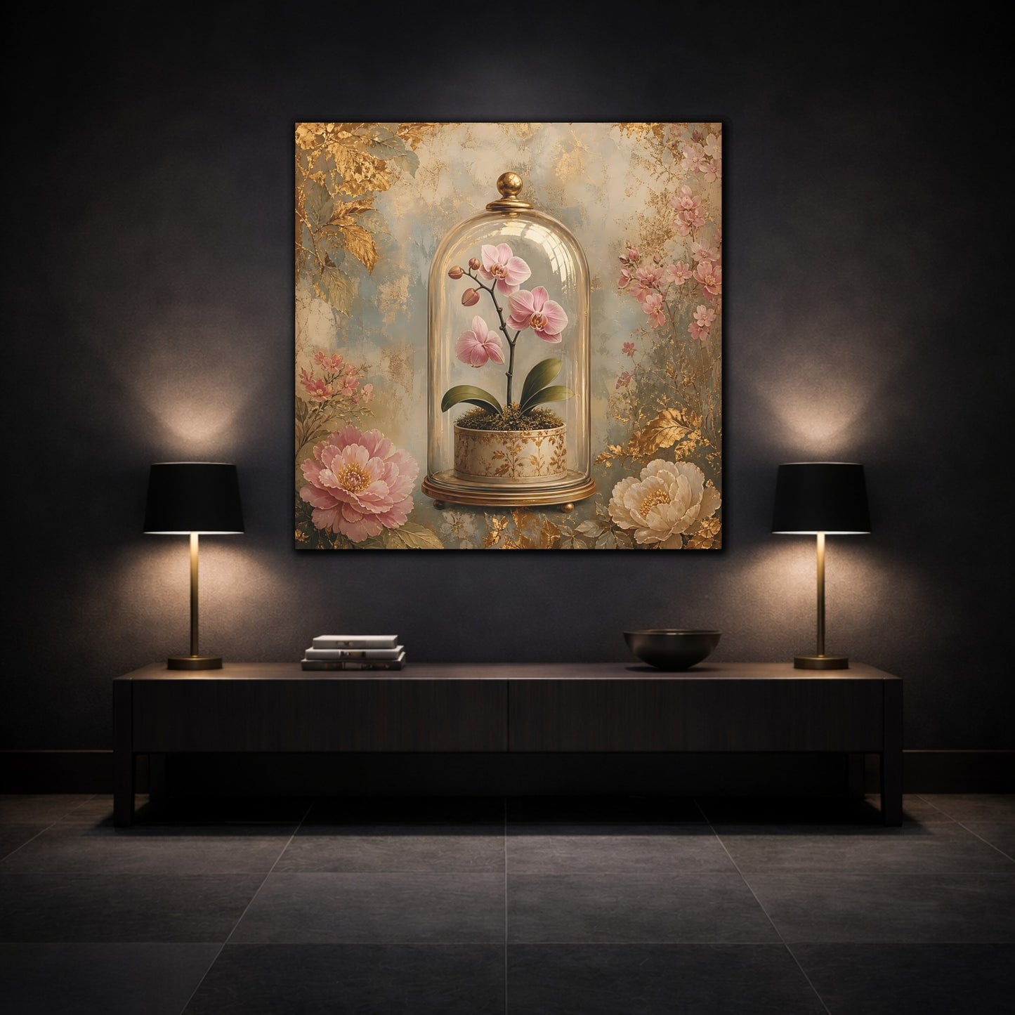Mockup 3. Floral Orchid Pink Orchid Gold shown as stretched canvas wall art