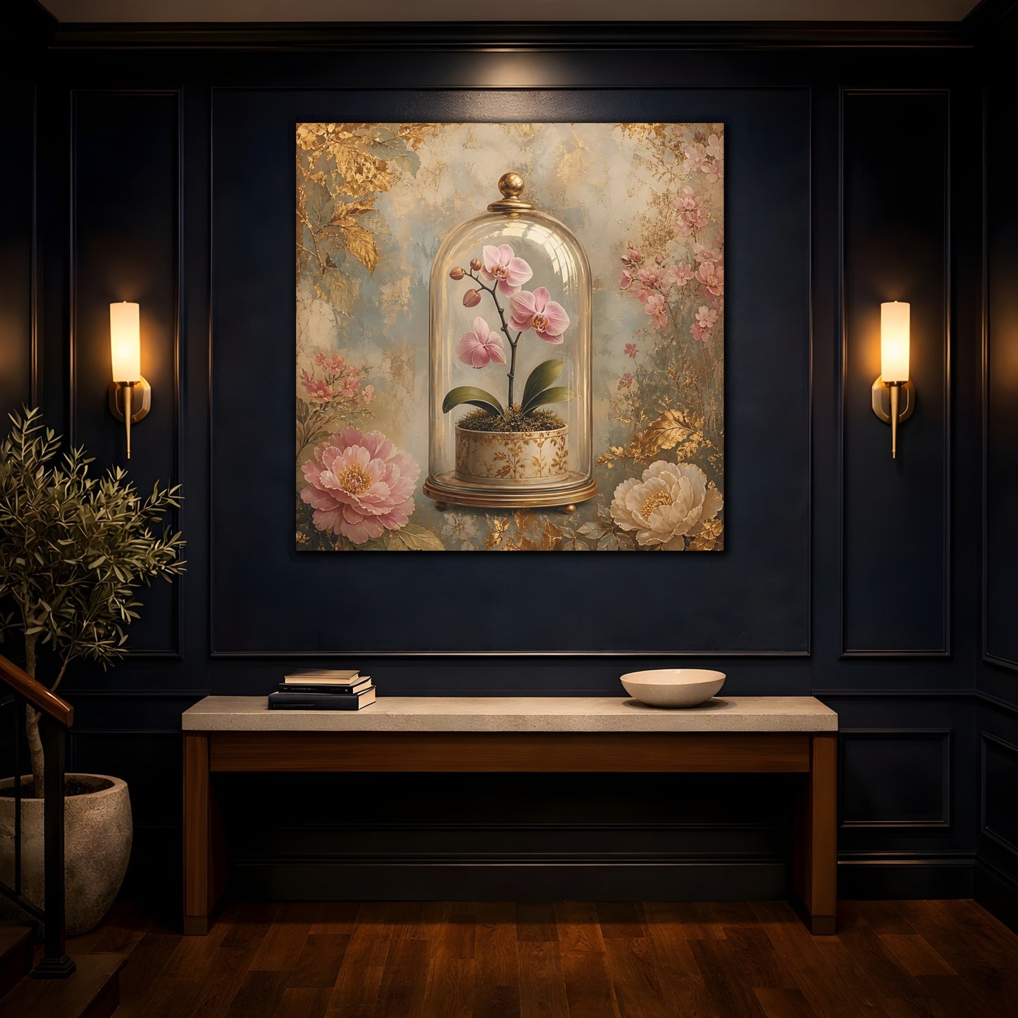 Mockup 4. Floral Orchid Pink Orchid Gold shown as stretched canvas wall art