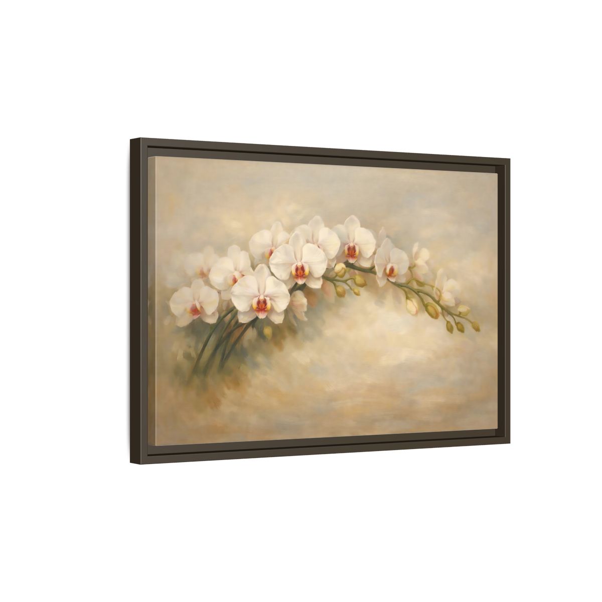 Side Mockup 2. Floral Orchid White Orchid shown as stretched canvas wall art