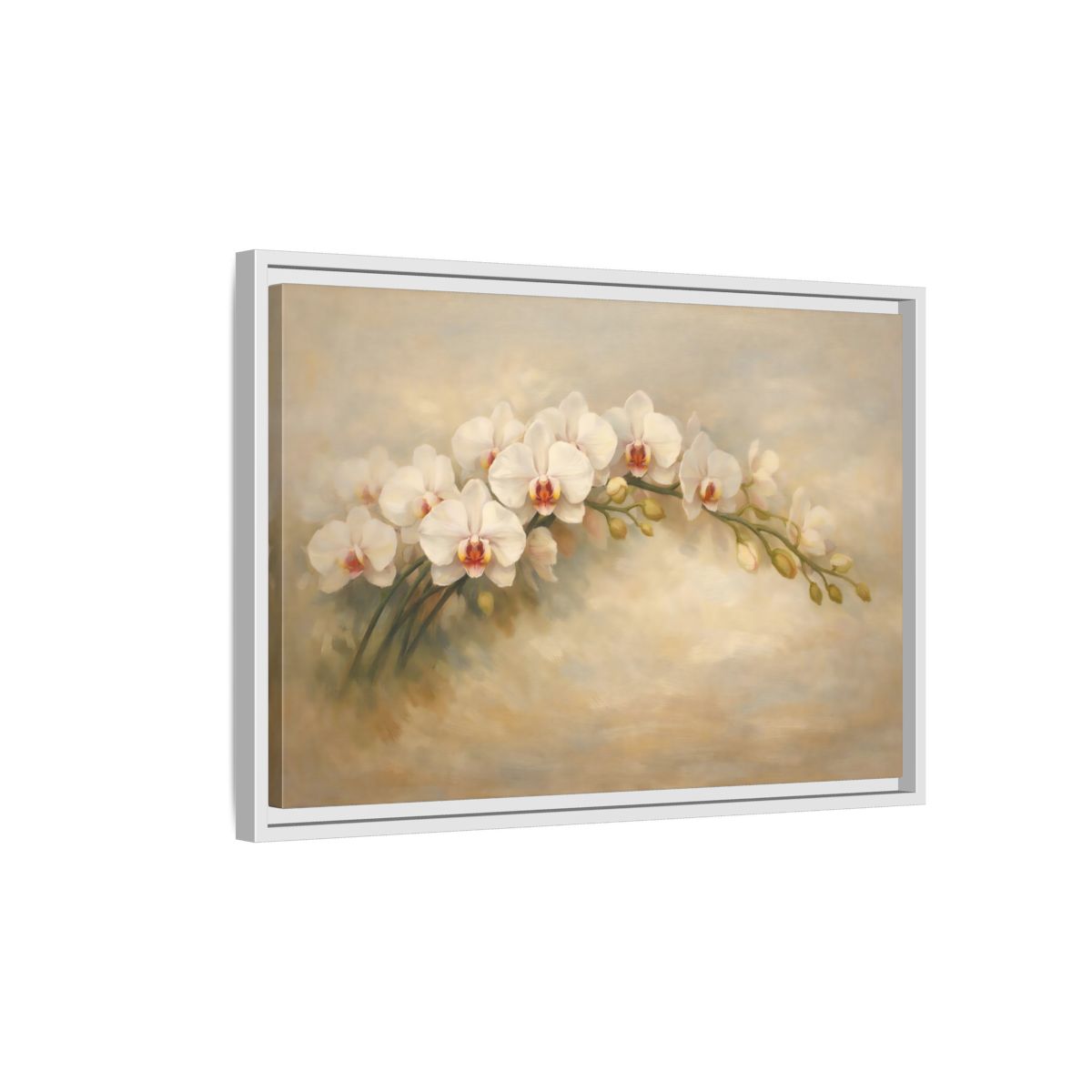 Side Mockup 1. Floral Orchid White Orchid shown as stretched canvas wall art