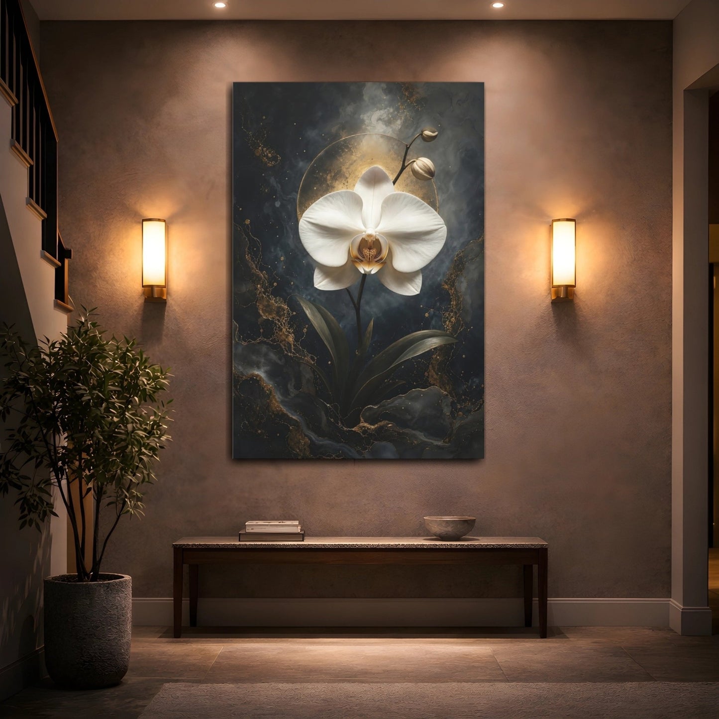 Floral Orchid White Gold Canvas Wall Art Print – Modern Living Room, Above Sofa - YesArtYes