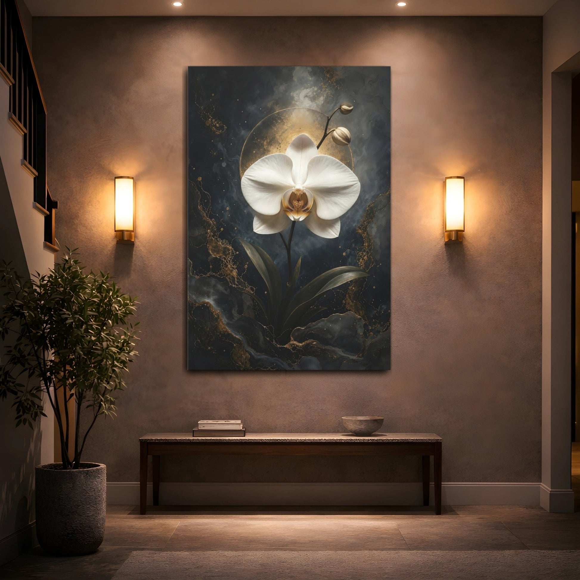 Floral Orchid White Gold Canvas Wall Art Print – Modern Living Room, Above Sofa - YesArtYes