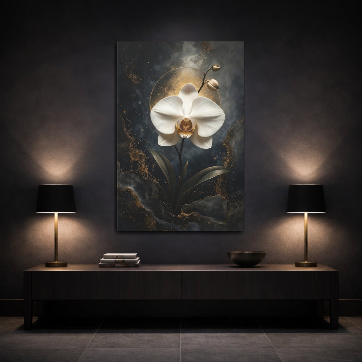 Floral Orchid White Gold Canvas Wall Art Print – Modern Living Room, Above Sofa - YesArtYes
