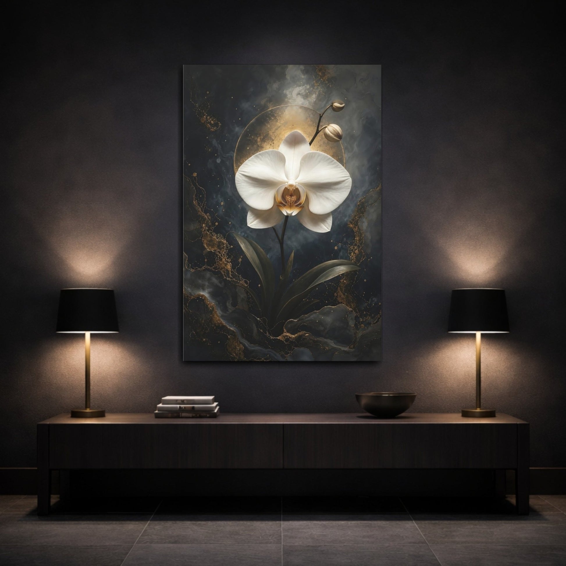 Floral Orchid White Gold Canvas Wall Art Print – Modern Living Room, Above Sofa - YesArtYes