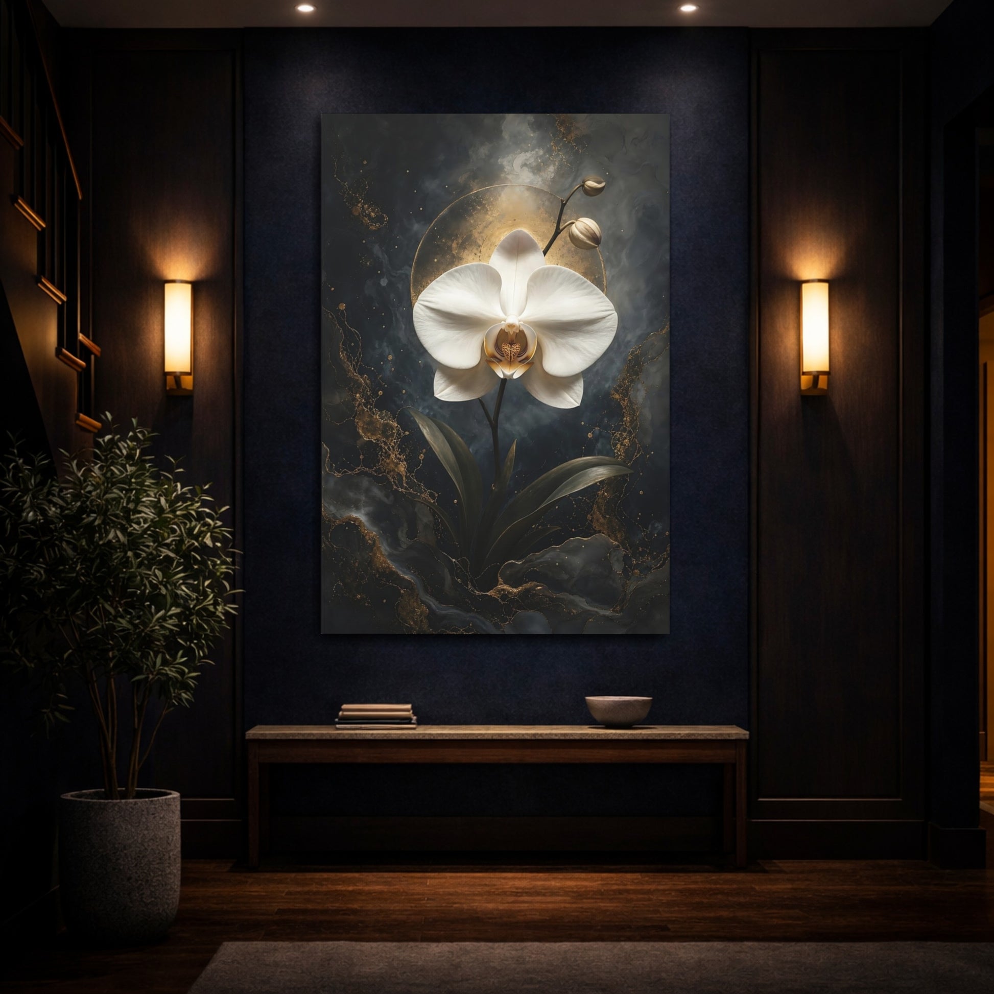 Mockup 4. Floral Orchid White Orchid Gold shown as stretched canvas wall art