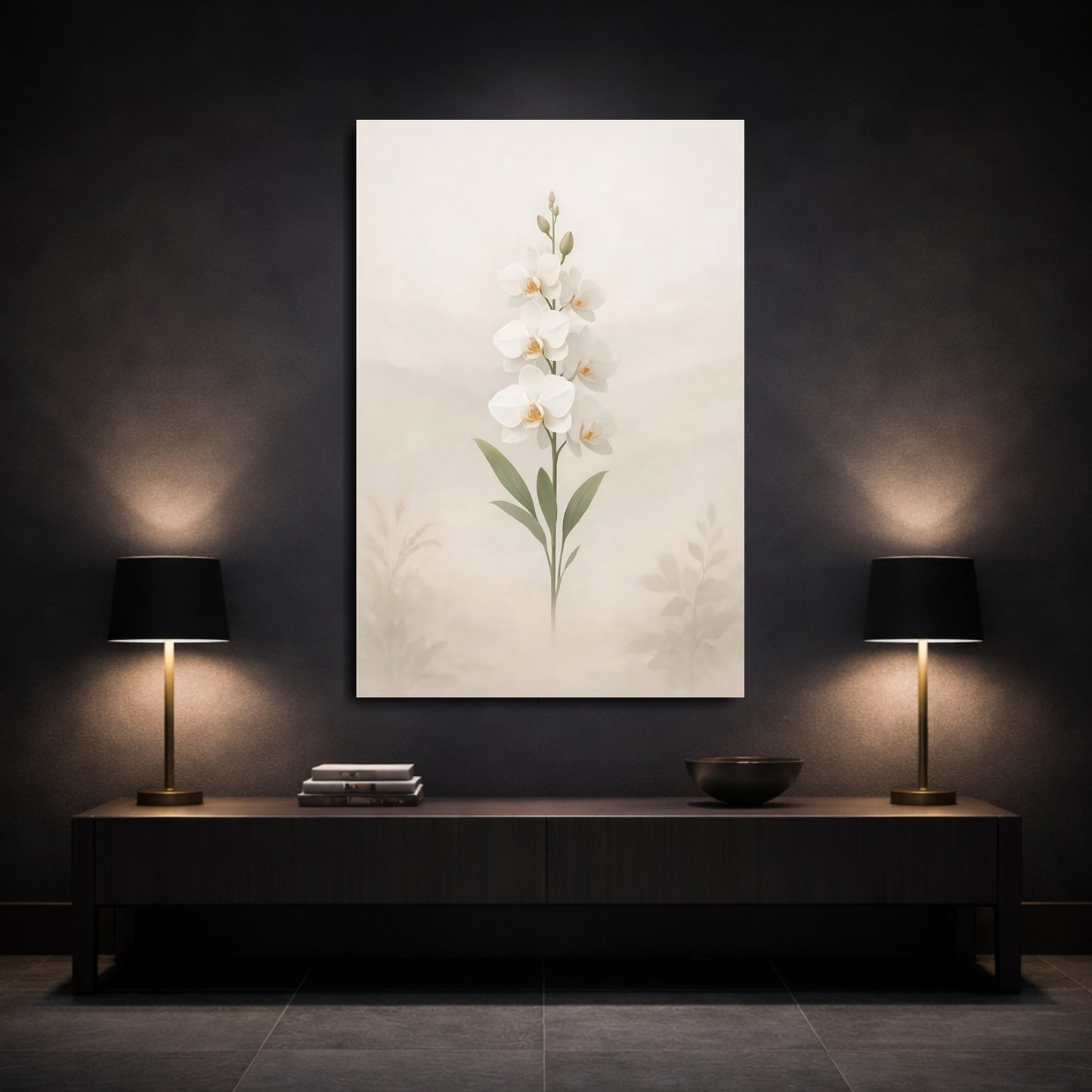 Floral Orchid White Orchid shown as front canvas room wall art