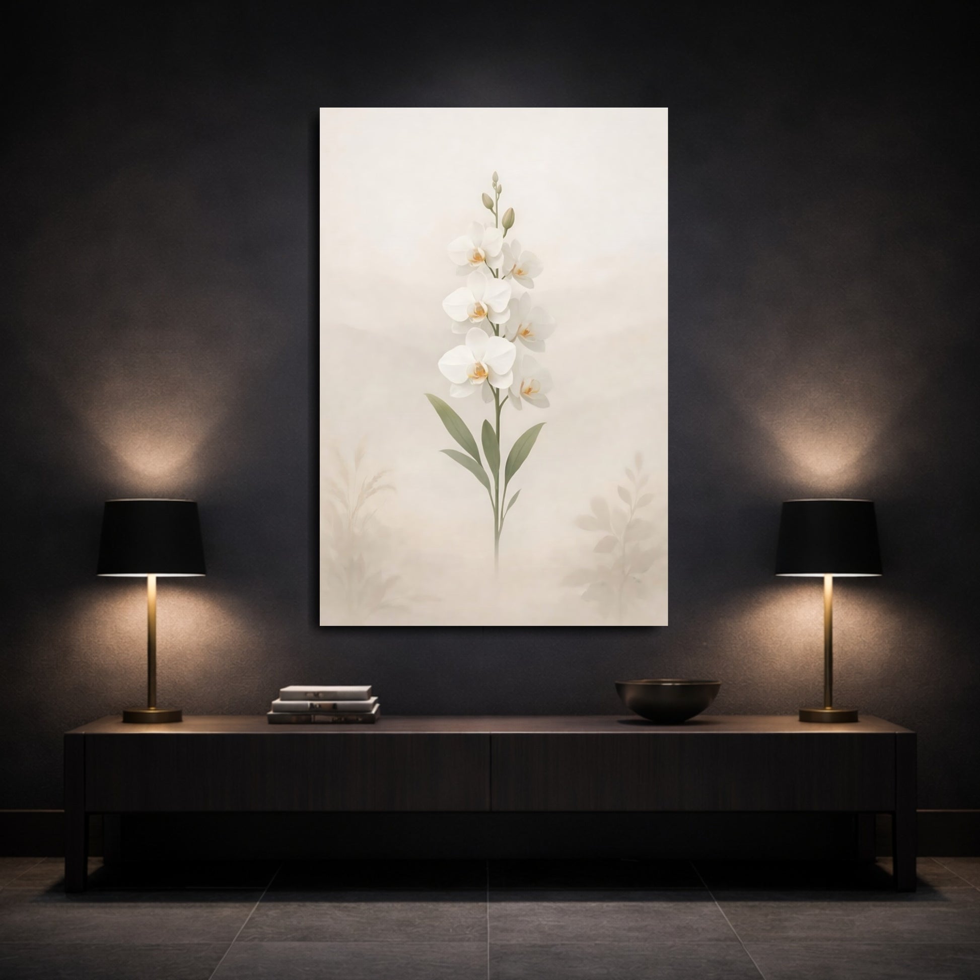 Floral Orchid White Orchid shown as front canvas room wall art