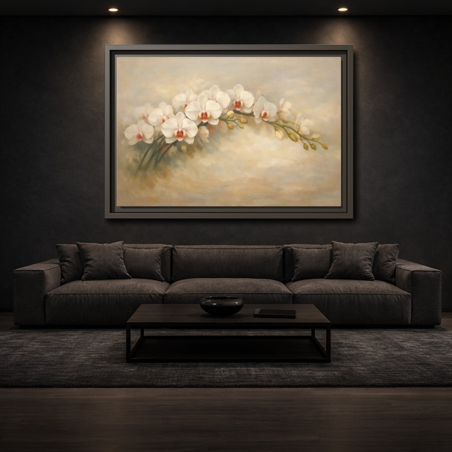 Mockup 2. Floral Orchid White Orchid shown as stretched canvas wall art