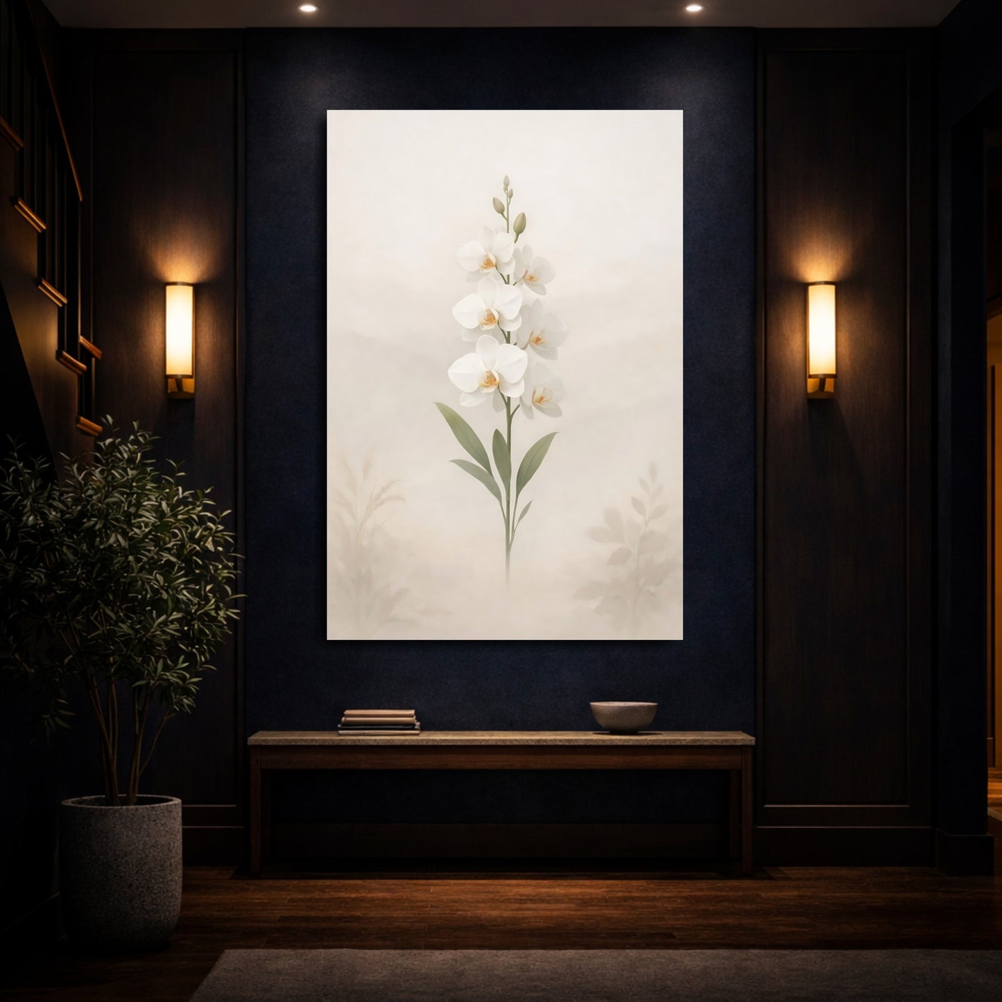Floral Orchid White Orchid shown as front canvas room wall art