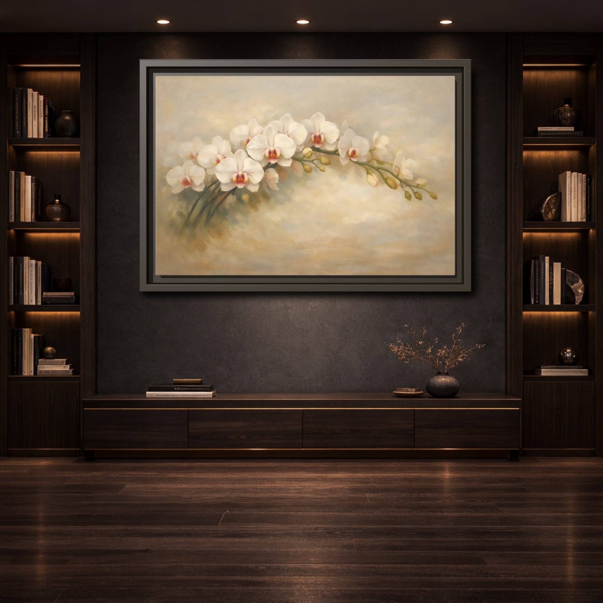 Mockup 3. Floral Orchid White Orchid shown as stretched canvas wall art