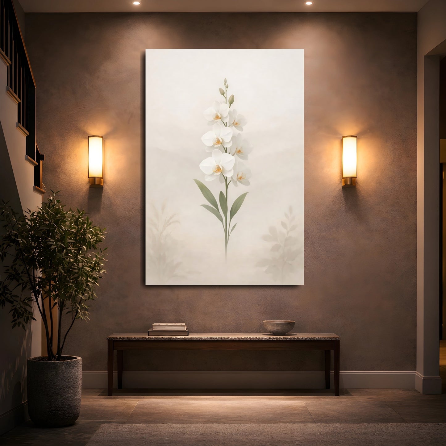 Floral Orchid White Orchid shown as front canvas room wall art