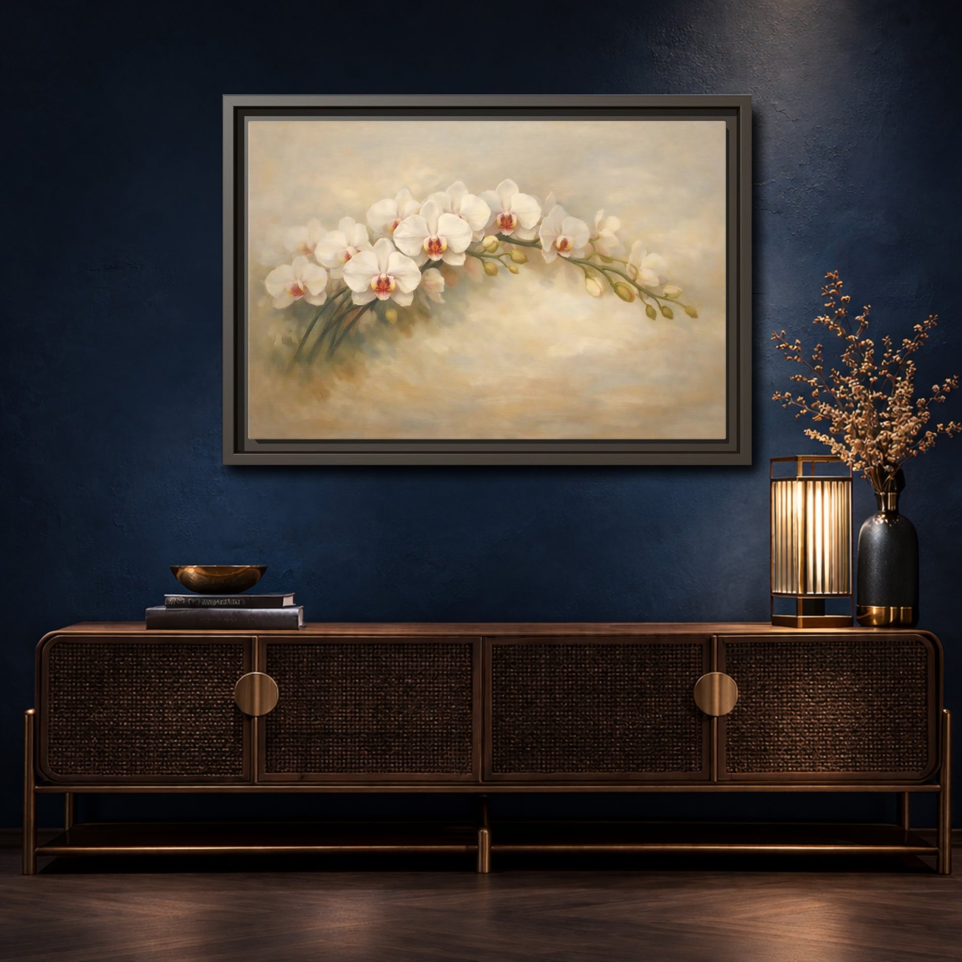 Mockup 4. Floral Orchid White Orchid shown as stretched canvas wall art