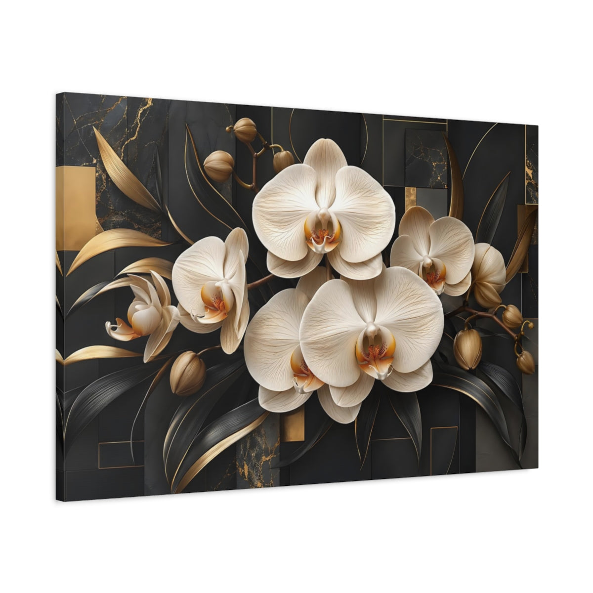Main Mockup. Floral Orchids Black And Gold shown as stretched canvas wall art