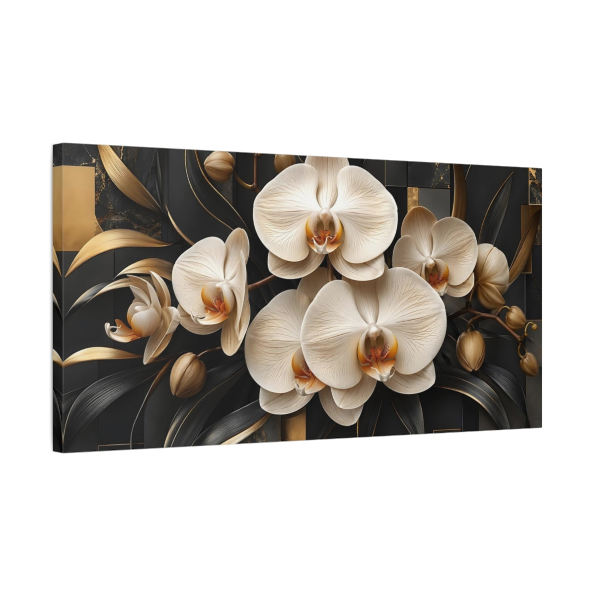 Side Mockup 1. Floral Orchids Black And Gold shown as stretched canvas wall art