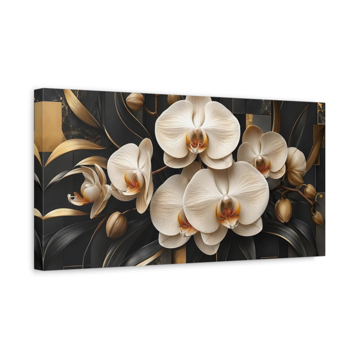 Side Mockup 3. Floral Orchids Black And Gold shown as stretched canvas wall art