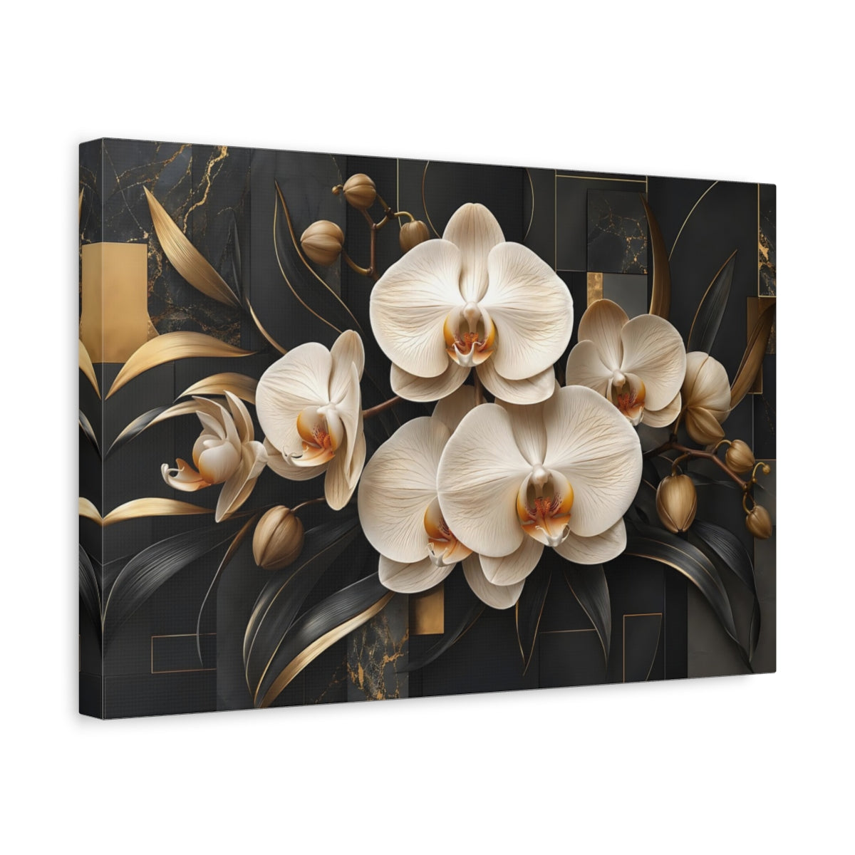 Side Mockup 4. Floral Orchids Black And Gold shown as stretched canvas wall art