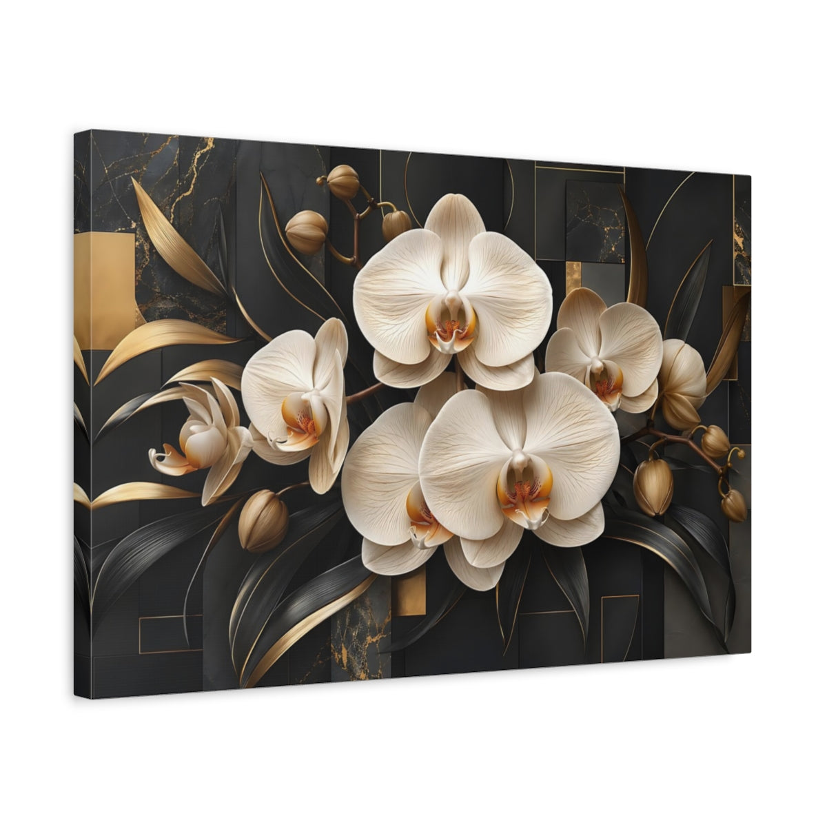Side Mockup 3. Floral Orchids Black And Gold shown as stretched canvas wall art