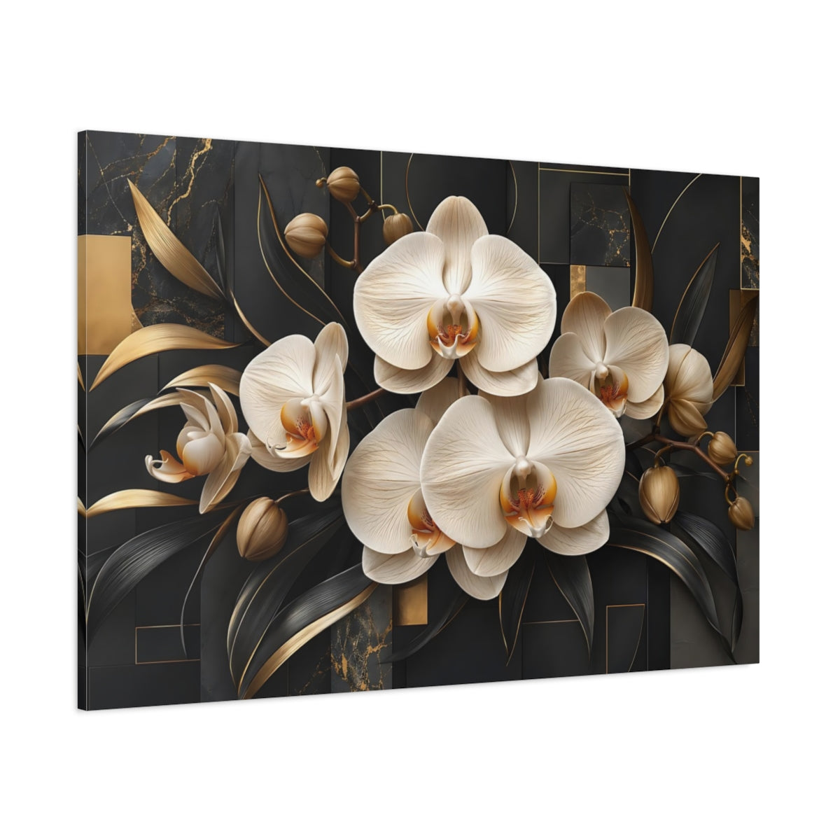 Side Mockup 1. Floral Orchids Black And Gold shown as stretched canvas wall art