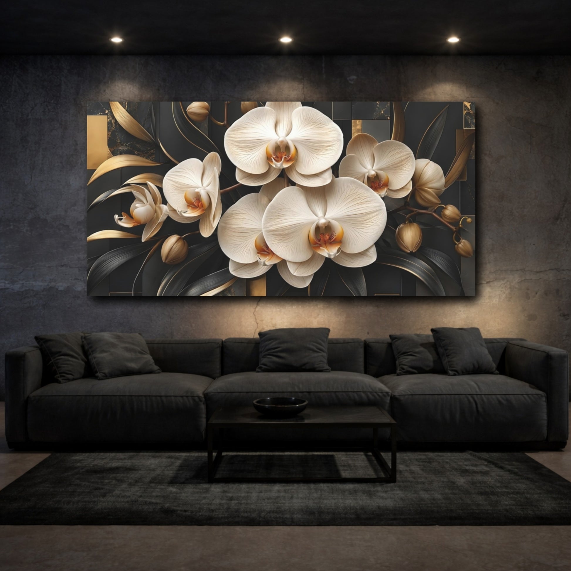 Mockup 2. Floral Orchids Black And Gold shown as stretched canvas wall art